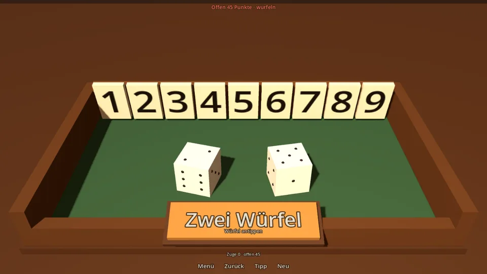 The box with nine flaps and two dice. A wide orange button labelled „Zwei Würfel“ lies across the lower half of the green felt. Above it a line of text, below it a status line and four text buttons: menu, back, hint, new.