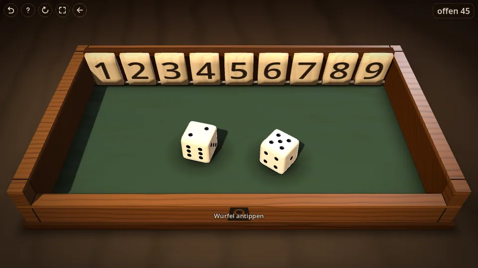 The same box after the four stages: visible wood grain with growth rings per board, dark butt joints at the corners, chamfered edges catching a line of light, shadow gaps between the flaps, lit digits, sunken pips with contact shadows, a darkened seam around the tray and a vignette at the edges of the frame.