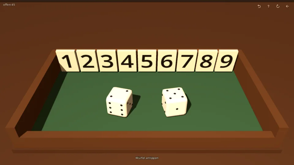 The box before the review: flat colour fields, the wood a single brown, the felt an even green without texture. The flaps are plain rectangles with very large black digits that look printed on. The dice have sharp edges and flat dots, behind them an empty brown background.